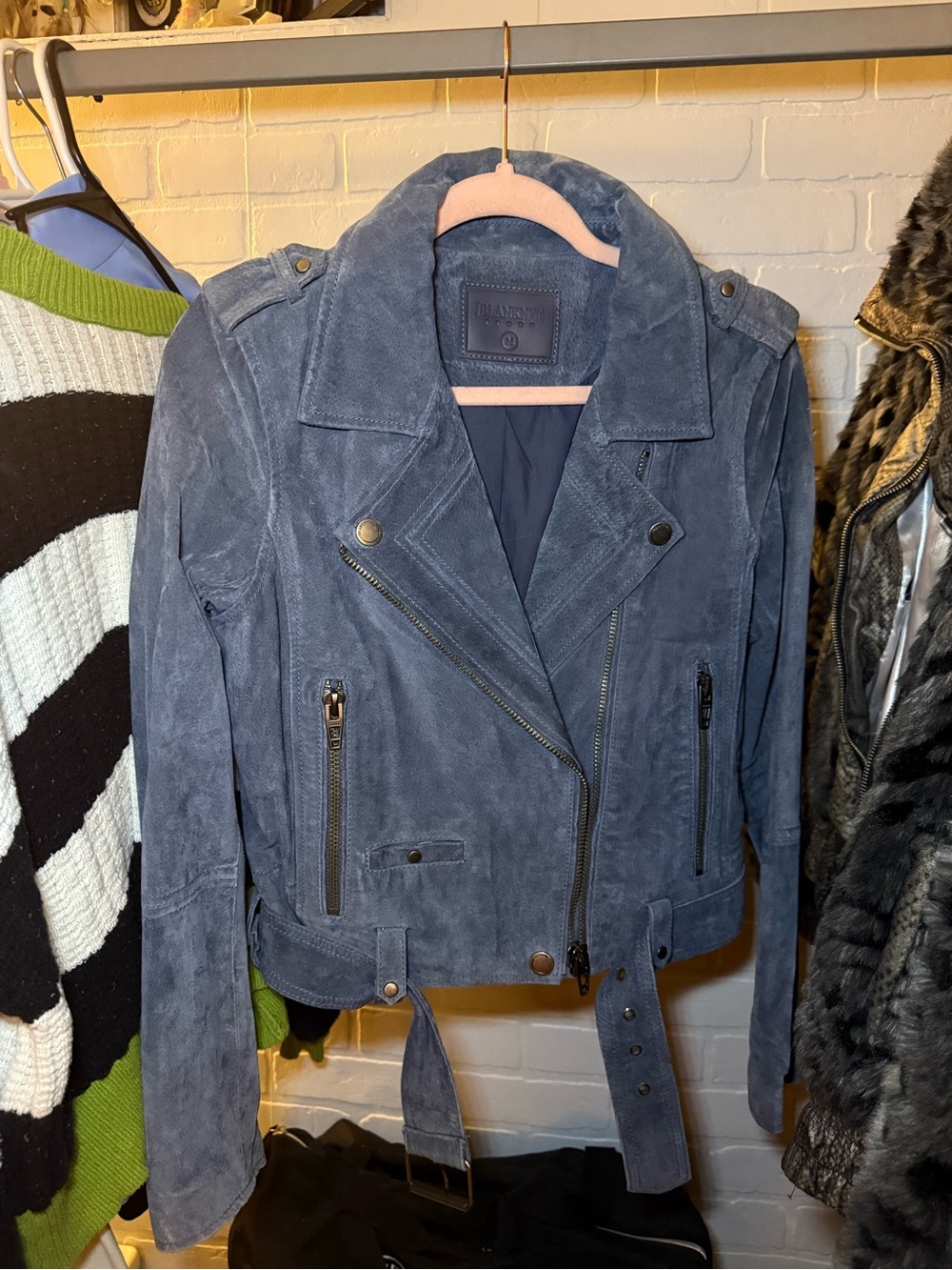 Blank NYC Blue Suede Moto Jacket with Belt